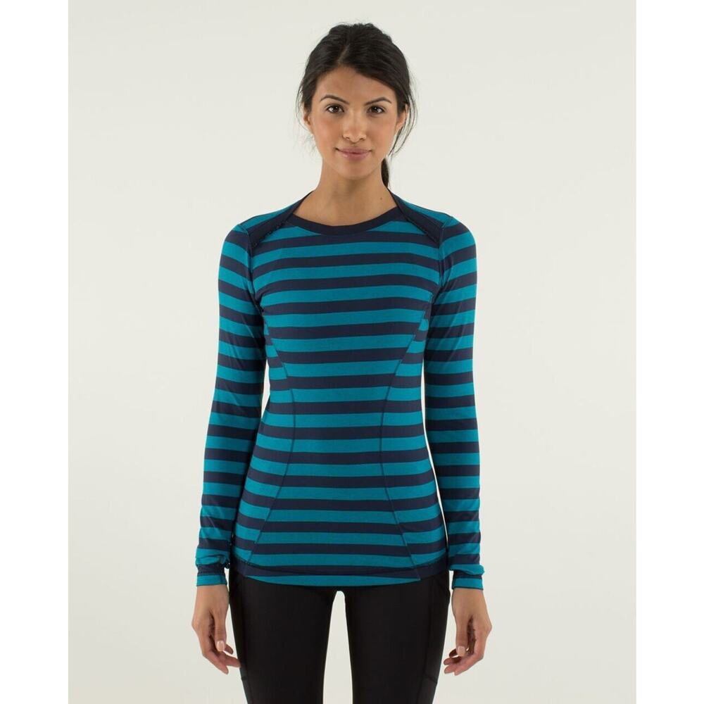 Lululemon Size 6 Top Base Runner Long Sleeve Micro Macro Stripe Surge Inkwell